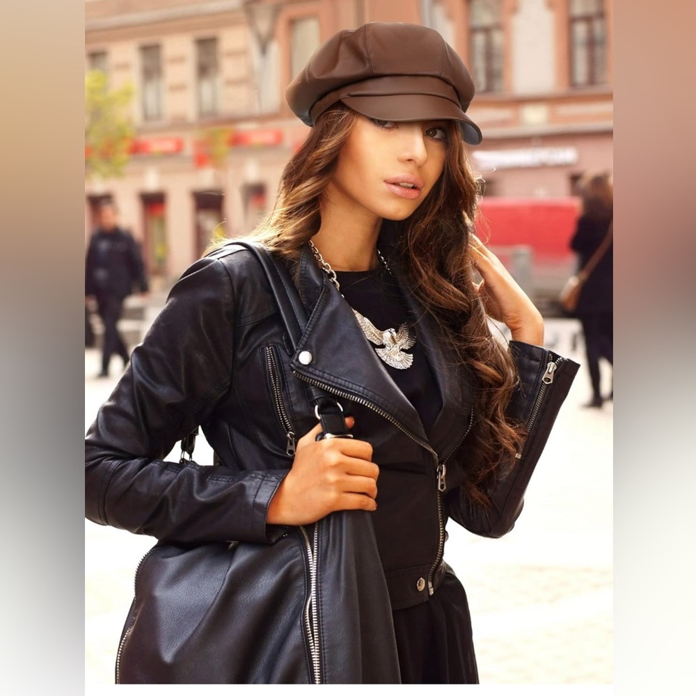 Brown Newsboy Hats PU Leather Visor Beret Cabbie Hat 8 Panel Cap Faux…